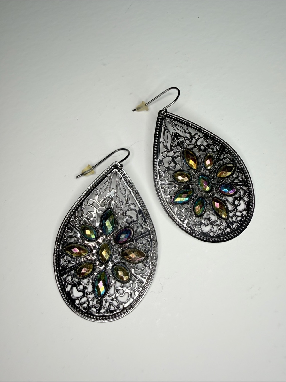 Silver Teardrop Filigree Earrings with Multicolor Crystal Accents